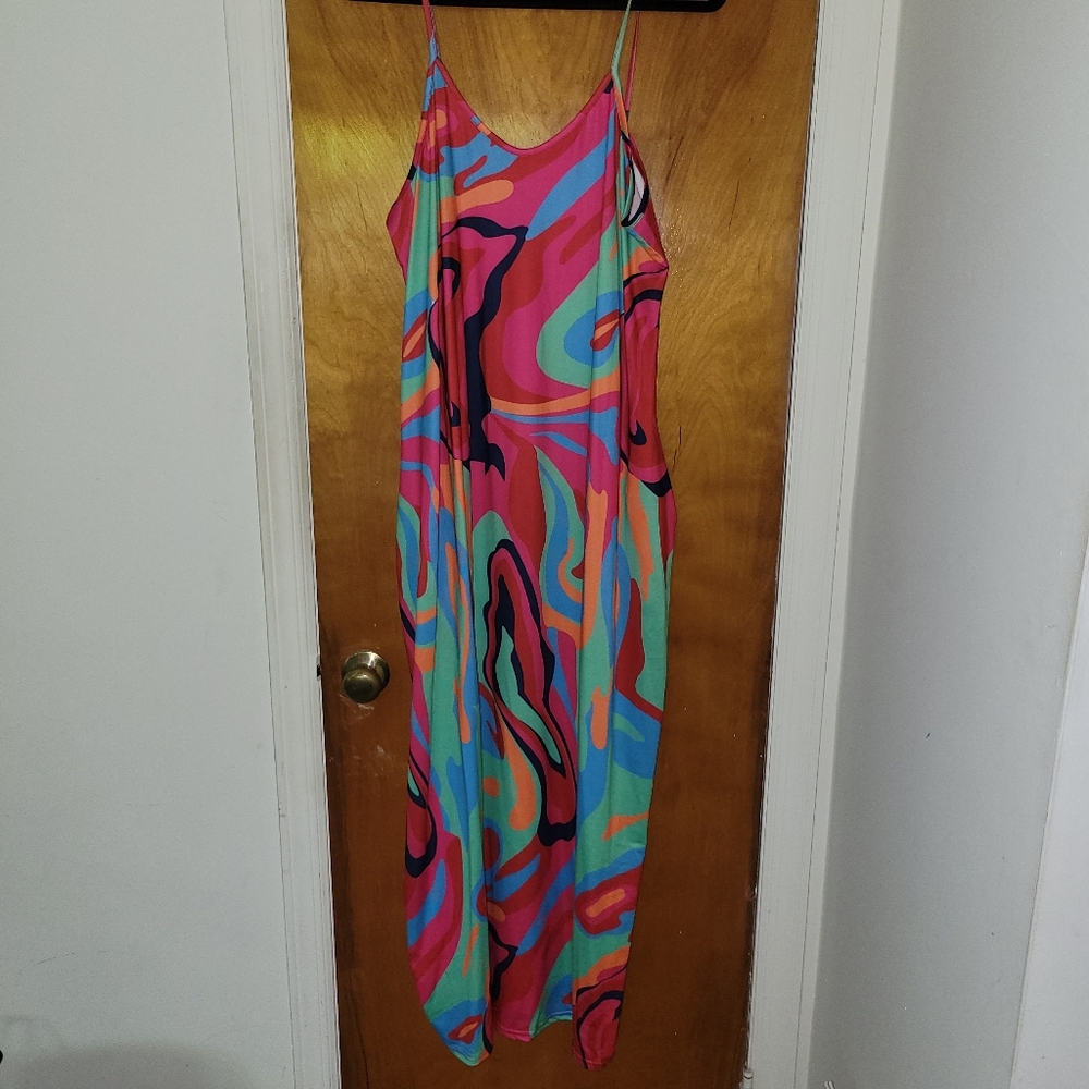 Vivid Print Multicolor Spagetti Strap Maxi Dress - XXL